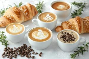 Delicious freshly baked croissants and various coffees creating perfect breakfast composition photo