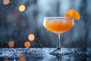 Orange cocktail standing on a wet bar under the rain with bokeh lights in the background photo
