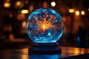 Plasma ball glowing with orange and blue filaments in a moody pub setting photo
