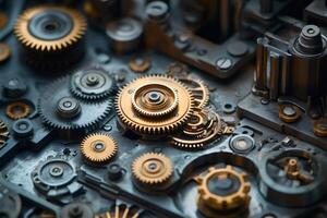 Close up view of intricate clockwork mechanism with gears rotating smoothly photo