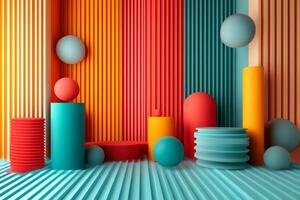 Colorful 3d geometric shapes creating an abstract background with vertical lines photo