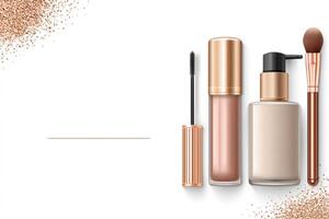 Makeup products with golden glitter on white background, mascara, lip gloss, foundation and brush photo