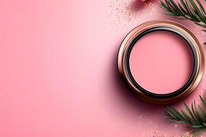 Pink blush palette mockup on pink background with glitter and palm leaves photo