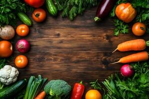Fresh vegetables and herbs creating frame on rustic wooden table photo