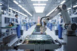 Robotic arm working on circuit boards in modern factory with technicians photo
