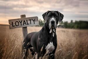 Loyal great dane standing by loyalty sign in wheat field photo