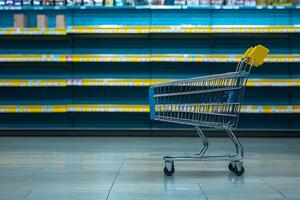Empty shopping cart in front of empty supermarket shelves during shortage photo
