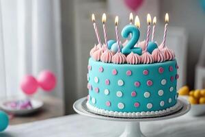 Second birthday cake decorated with icing and lit candles photo