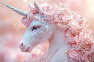 Beautiful pink unicorn posing with glitter and flowers in its mane photo
