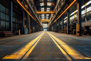 Rails guiding through industrial warehouse with metal pipes and machinery photo