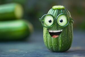 Smiling zucchini wearing glasses on table with blurred background photo