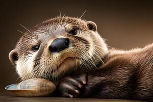 Adorable otter resting with clam on brown background photo