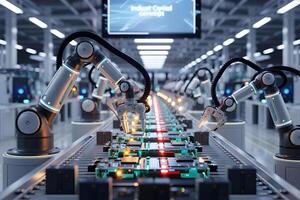 Robotic arms assembling circuit boards on production line in modern factory photo