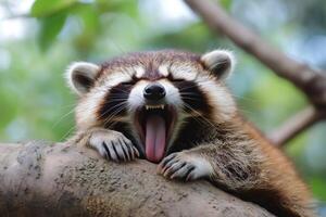 Raccoon yawning while relaxing on a tree branch photo