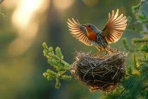 European robin landing on nest with open wings in spring forest photo