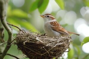Chipping sparrow perching on nest in tree branch photo