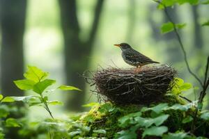 Ground nesting bird standing on its nest in the forest photo