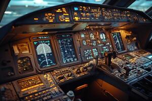 Airplane cockpit illuminated control panel with multiple screens showing flight data photo