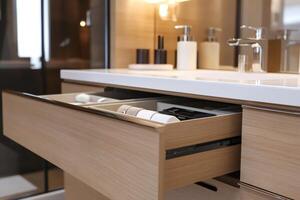 Modern bathroom drawer with open storage display photo