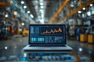 Laptop showing statistics and data analytics in industrial factory setting photo