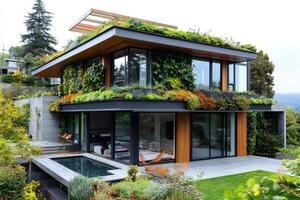 Modern green building showing sustainable architecture and gardening.. photo