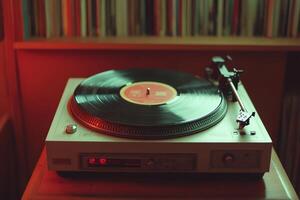 Vintage turntable playing vinyl record in retro setting photo