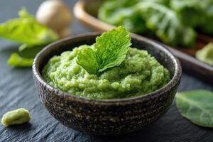 Fresh wasabi paste in rustic bowl with wasabi leaves and root photo