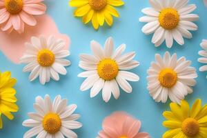 Colorful daisies pattern creating a cheerful summer vibe on blue background photo