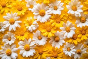 White and yellow daisies creating a floral background on vibrant yellow surface photo