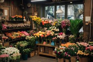 Vibrant flower shop display with diverse blooms photo