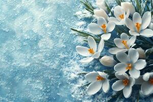White crocuses blooming in fresh snow on blue background photo
