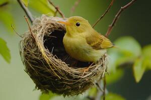 Small yellow warbler resting in its nest on a branch photo