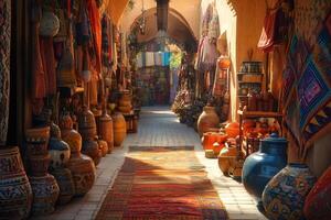Sunlight illuminating colorful rugs and pottery in a traditional arabian market photo