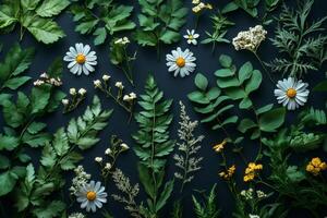 Collection of diverse greenery and daisies on dark background photo