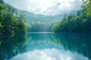 Sunlight filtering through trees onto serene lake in green forest photo