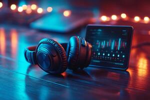 Professional headphones and digital audio workstation showing soundwave on screen photo