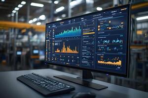 Computer showing real-time production monitoring dashboard in modern factory. photo