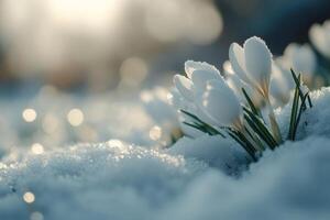 White crocuses emerging from the snow during springtime photo