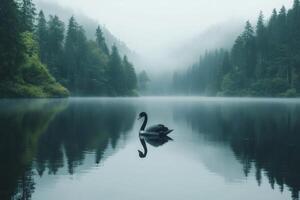 Black swan swimming on misty lake with forest reflecting in the water photo
