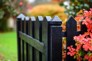 Black picket fence with rain drops in front of garden with red flowers photo