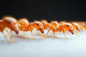 Fire ants marching in a row on white surface photo