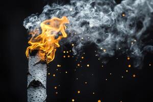 Birch torch burning with sparks and smoke on black background photo