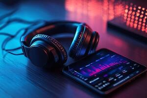 Wireless headphones playing music from smartphone app with colorful equalizer on screen photo