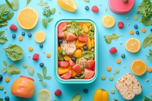 Lunchbox full of fresh fruits, vegetables, and healthy food on turquoise background photo