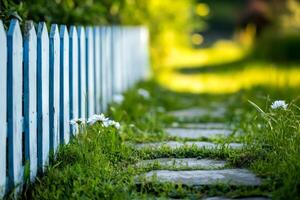 White picket fence running alongside stone garden path with daisies growing wild photo