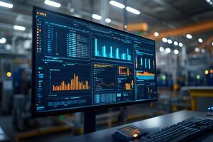Computer screen showing various production line charts and data in a modern factory photo