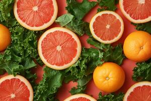 Sliced grapefruit and oranges with kale leaves on pink background photo