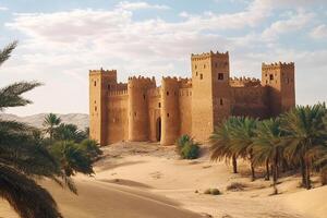Ancient castle emerging from the desert sands with palm trees photo