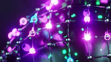 A close up of a molecular structure with colorful lights on it. Looped animation video