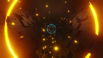 Futuristic looking space with glowing lights and circular object. Loop animation video